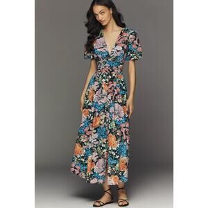 Anthropologie Floral Midi Dress in Black with Blue, Pink & Orange Flowers